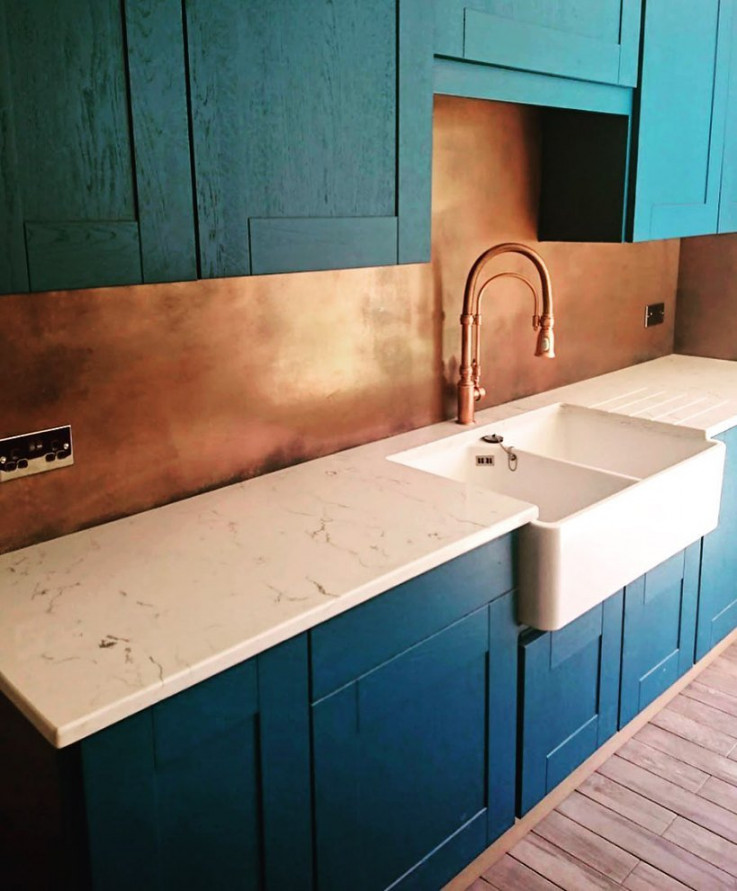 Copper splashback, teal kitchen  Kitchens