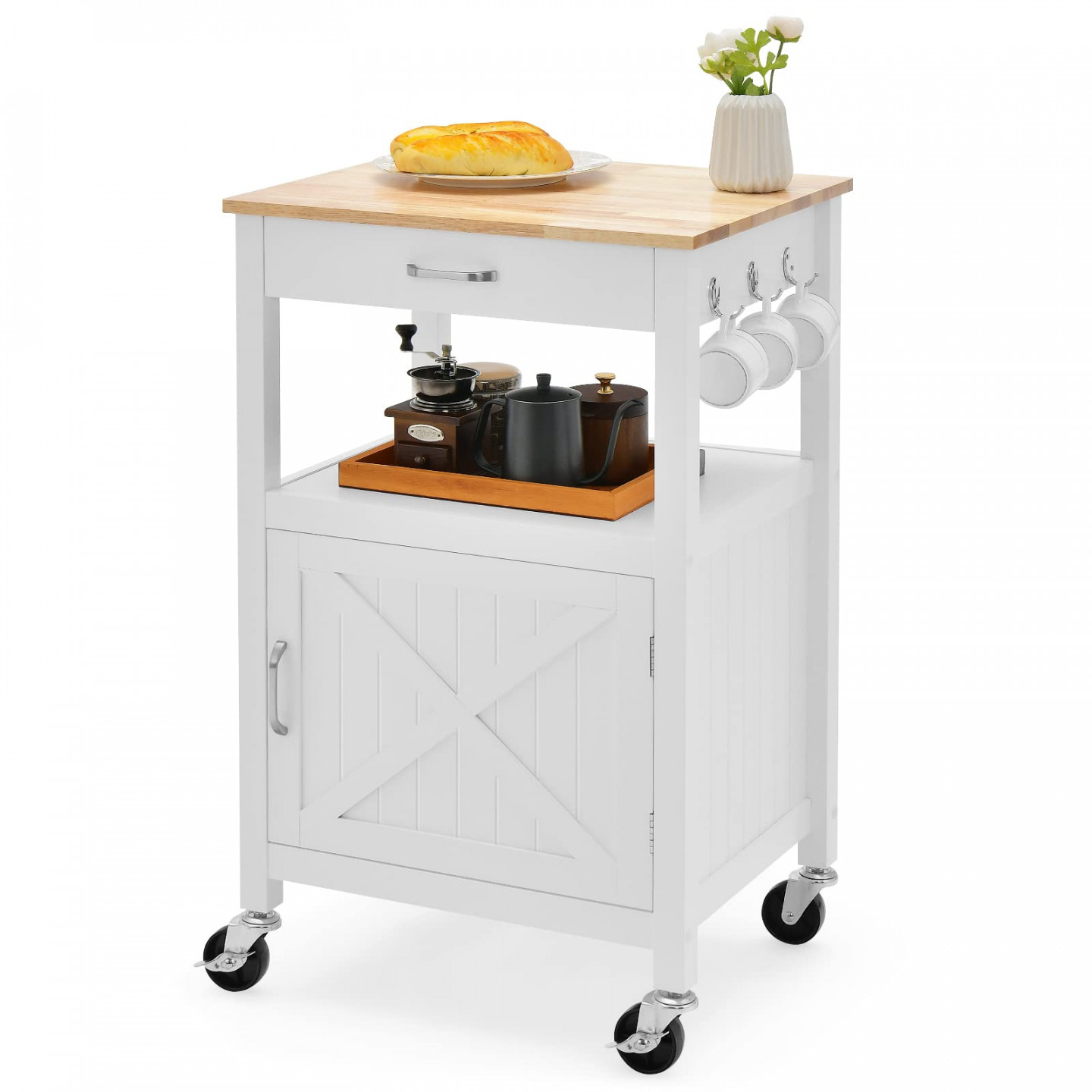 COSTWAY Small Kitchen Trolley on Wheels, Serving Trolley with Cabinet &  Drawer and  Hooks, Wooden WSee more COSTWAY Small Kitchen Trolley on  Wheels,