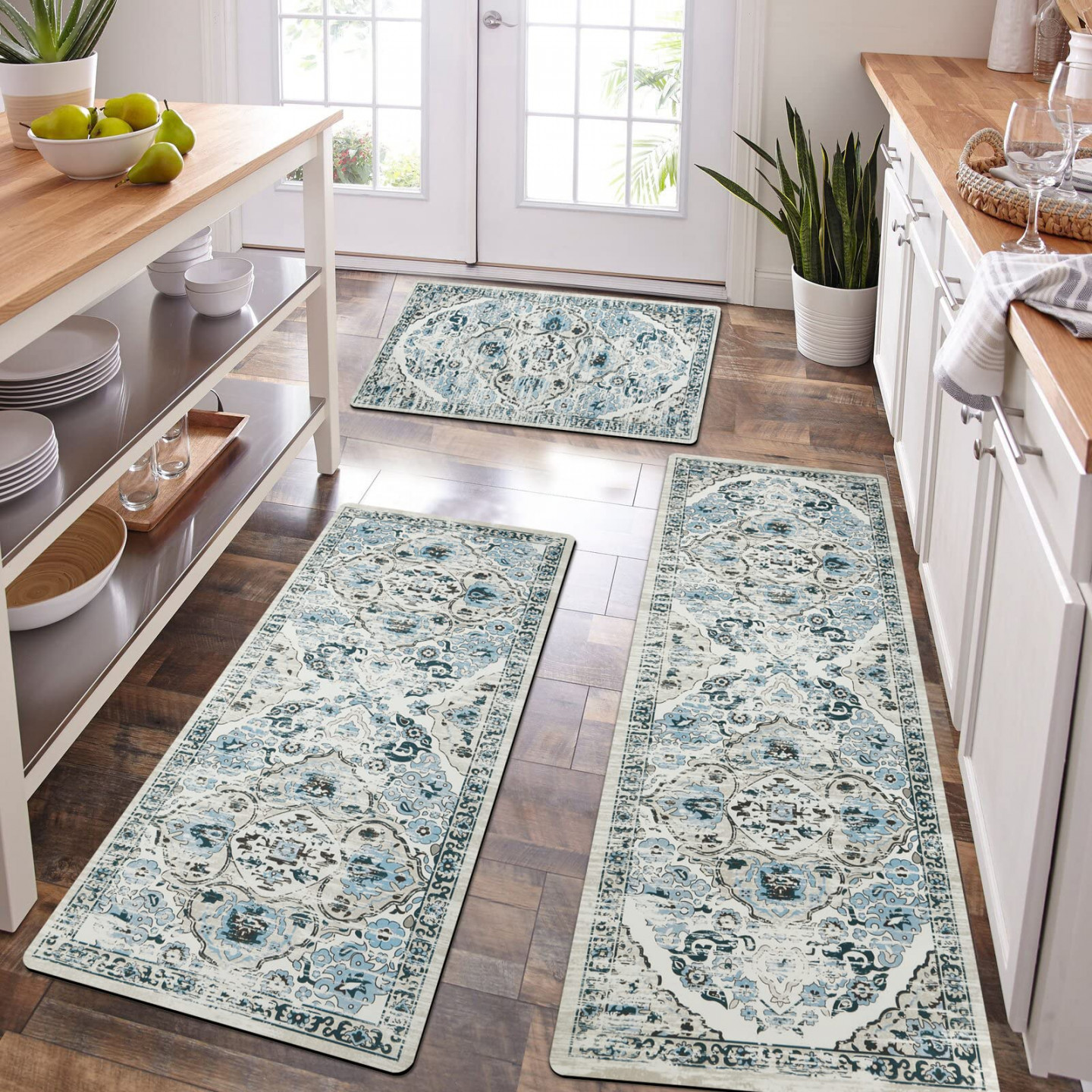 HEBE Boho Kitchen Rug Sets  Pieces with Runner Farmhouse Rubber Kitchen  Mats for Floor Non-Slip Washable Thin Kitchen Area Rug Floor Mat Waterproof