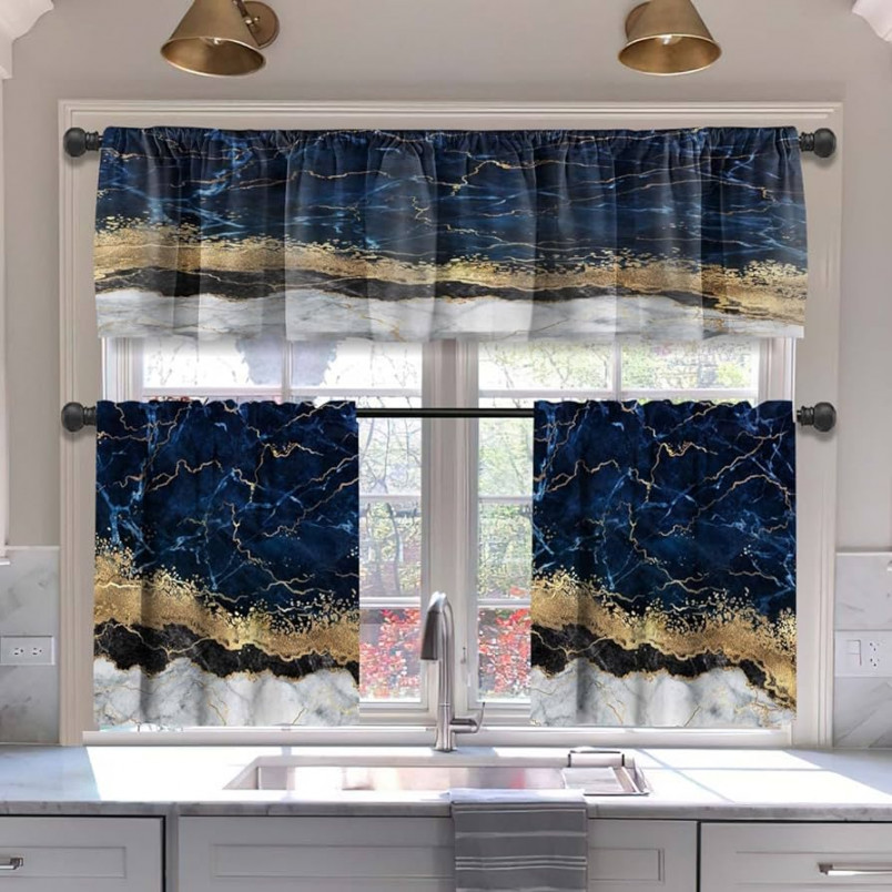 MCALK Dark Blue Marble Kitchen Curtains Tier and Valances Set  Pieces  Window Golden Marble Kitchen Window Curtains Indigo Luxury Marble Valances  for