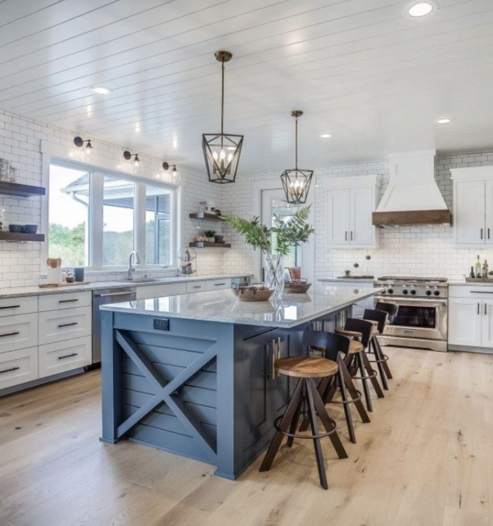 Navy blue kitchen island  Farmhouse kitchen design, Modern