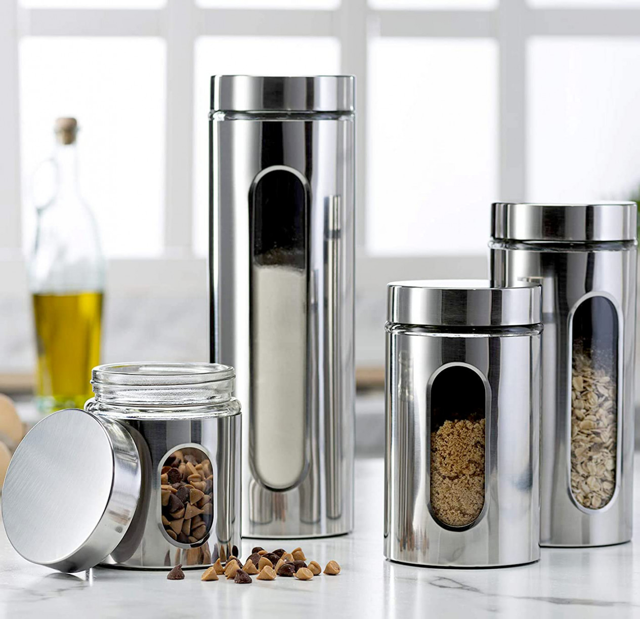 Quality Stainless Steel Canister Set for Kitchen Counter with Glass Window  and Airtight Lid - Food Storage Containers with Lid Airtight - Pantry