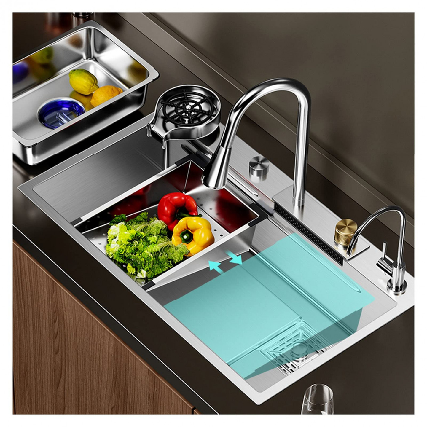 Stainless Steel Kitchen Sink with Integrated Waterfall and Pull-Down Faucet  Set Large Basin Sink witSee more Stainless Steel Kitchen Sink with