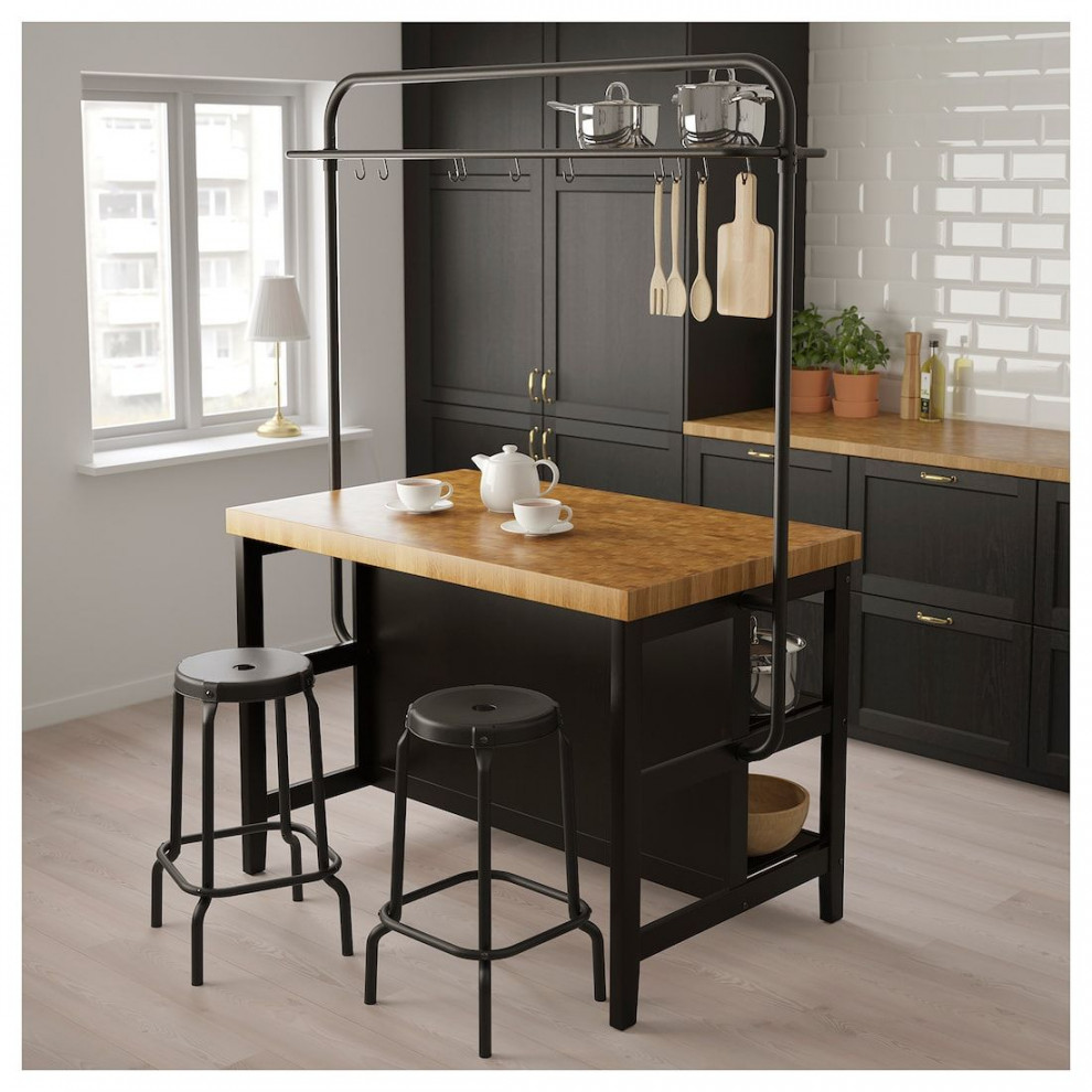 VADHOLMA Kitchen island with rack, black/oak, /x/x