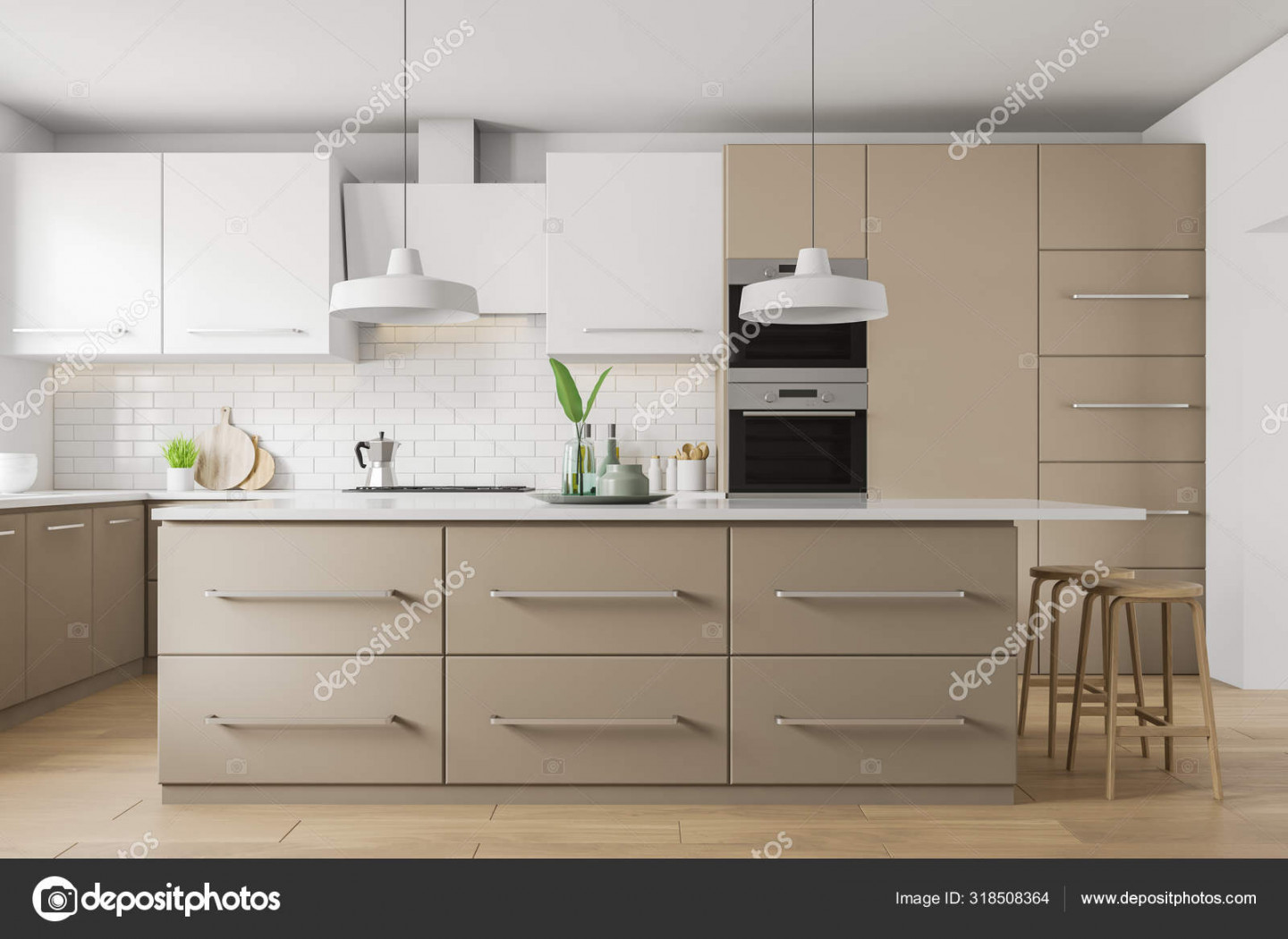 Weiße und beige Kücheneinrichtung mit Theke - Stockfotografie