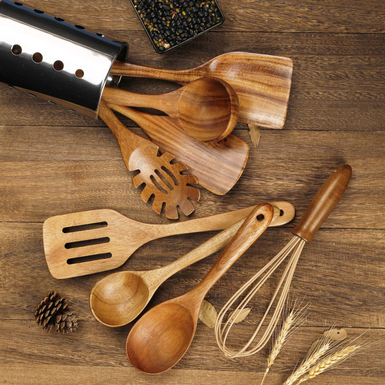 Wooden Kitchen Utensils for Cooking, Natural Teak Wood Cooking Spoons for  Cooking, Non-Stick Kitchen Utensil Set