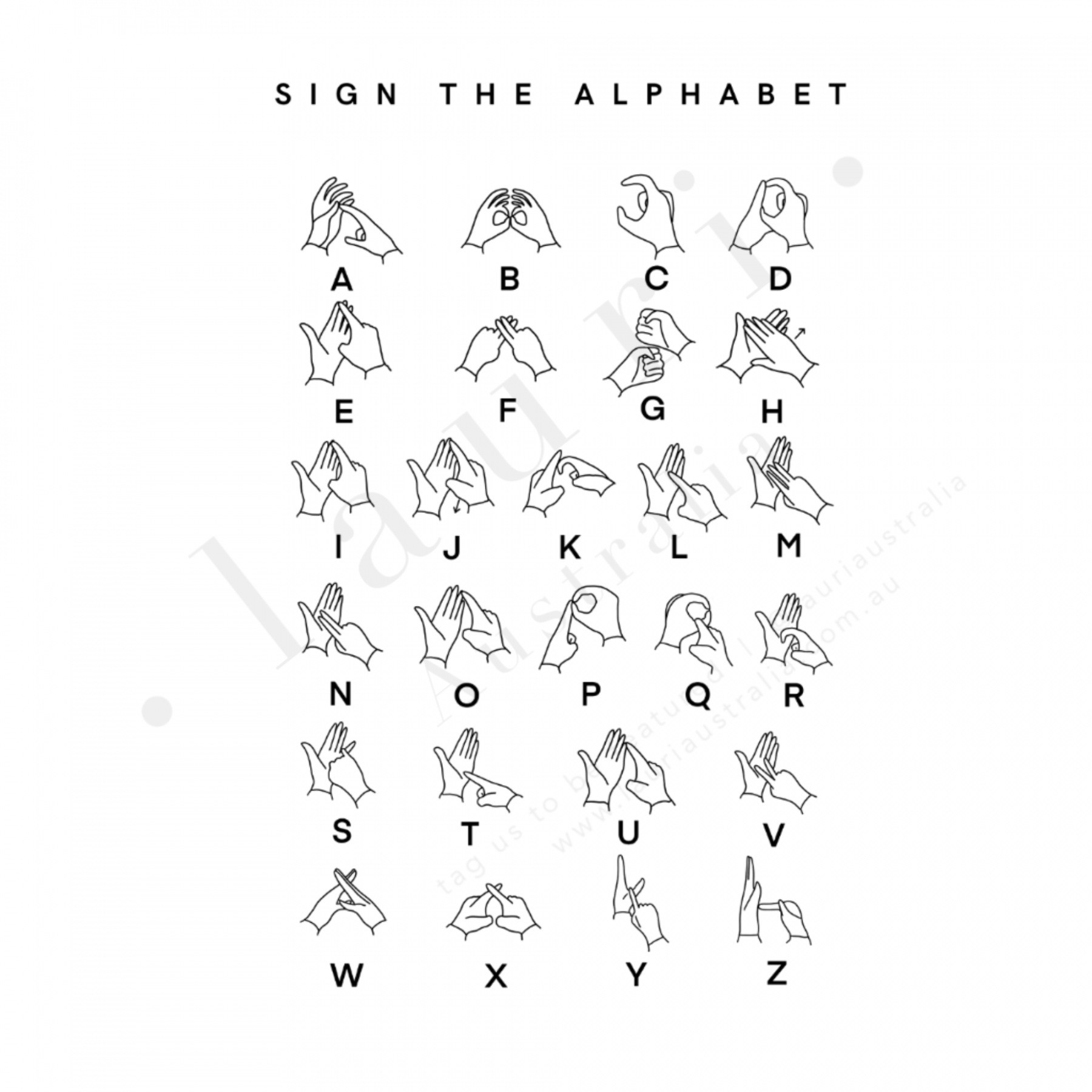 Auslan Sign Language Alphabet Poster (BSL) Black and White DIGITAL