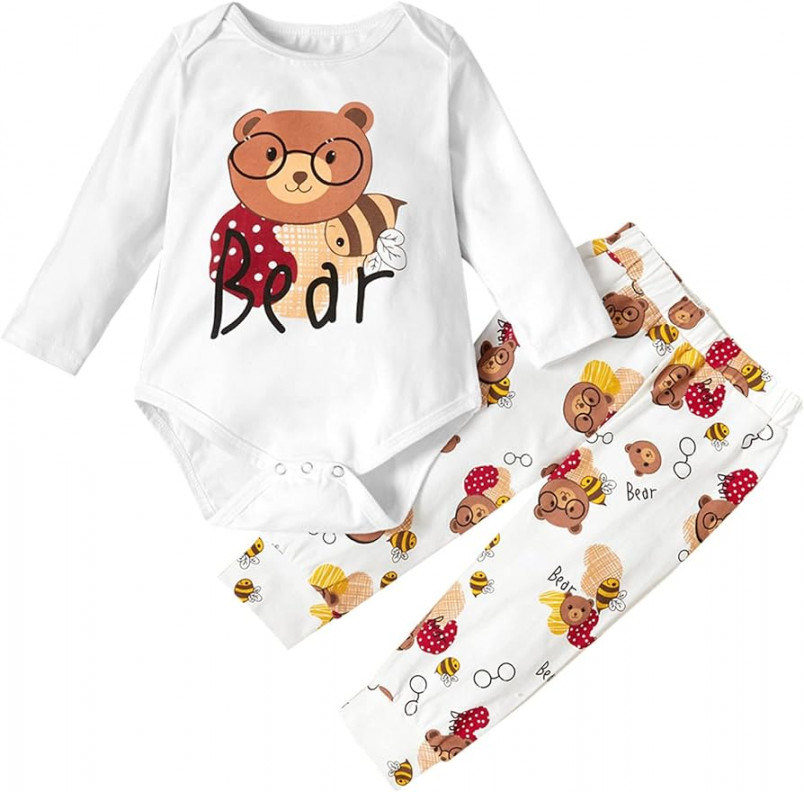 Baby Clothing Girls Newborn Toddler Baby Girl Autumn Winter Clothing Set  Bear Print Pullover Romper Trousers Bell Bottom Outfits Baby Gifts (White,