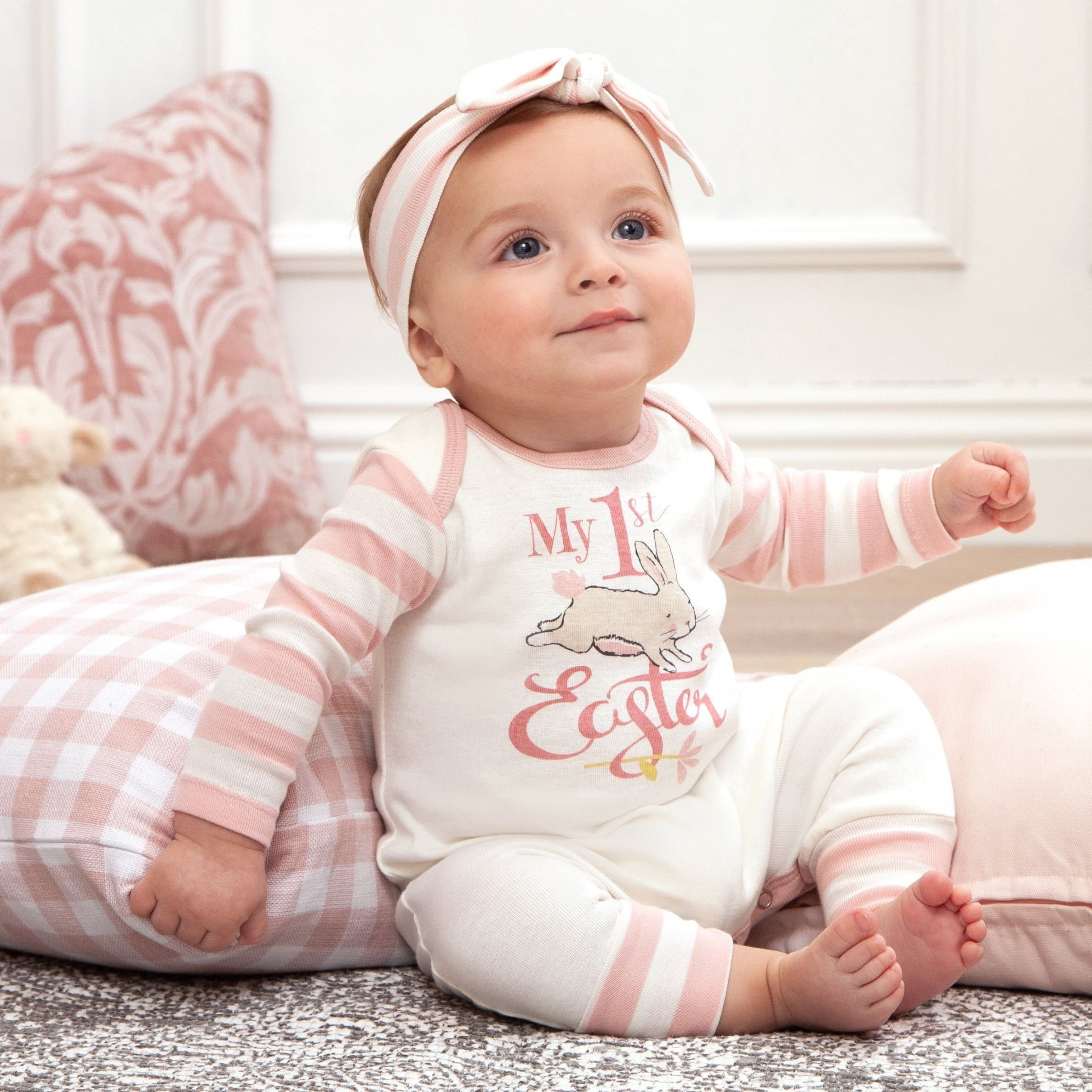 Baby Mädchen Ostern Outfit Baumwollspielanzug mit rosa Streifen