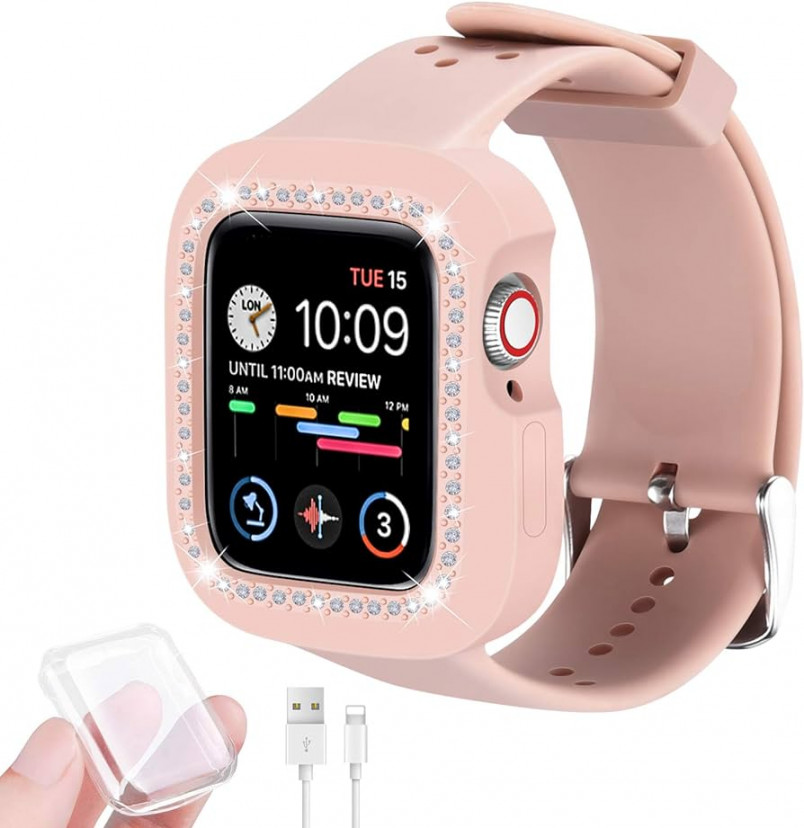 BeeFly Compatible with mm Apple Watch Band, Soft Silicone Sparkly Luxury  Teen Girl Women Full-Body Protective Band with Case Gel Rubber Replacement