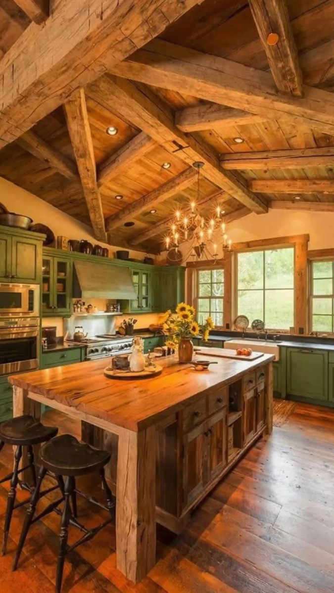 Cabin kitchen  Rustic kitchen design, Log home interiors