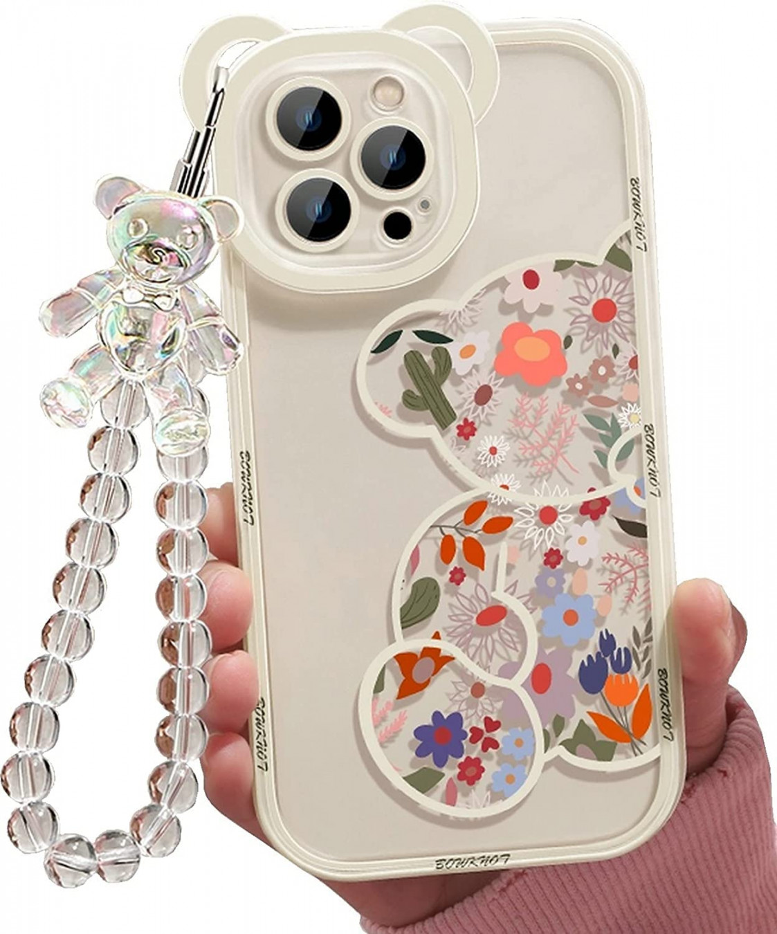 DEMEIYA Compatible with iPhone  Pro Case,Transparent Cute Floral Bear  Pattern Lens Protection Keychain Design for Women Girls Fashion Soft TPU