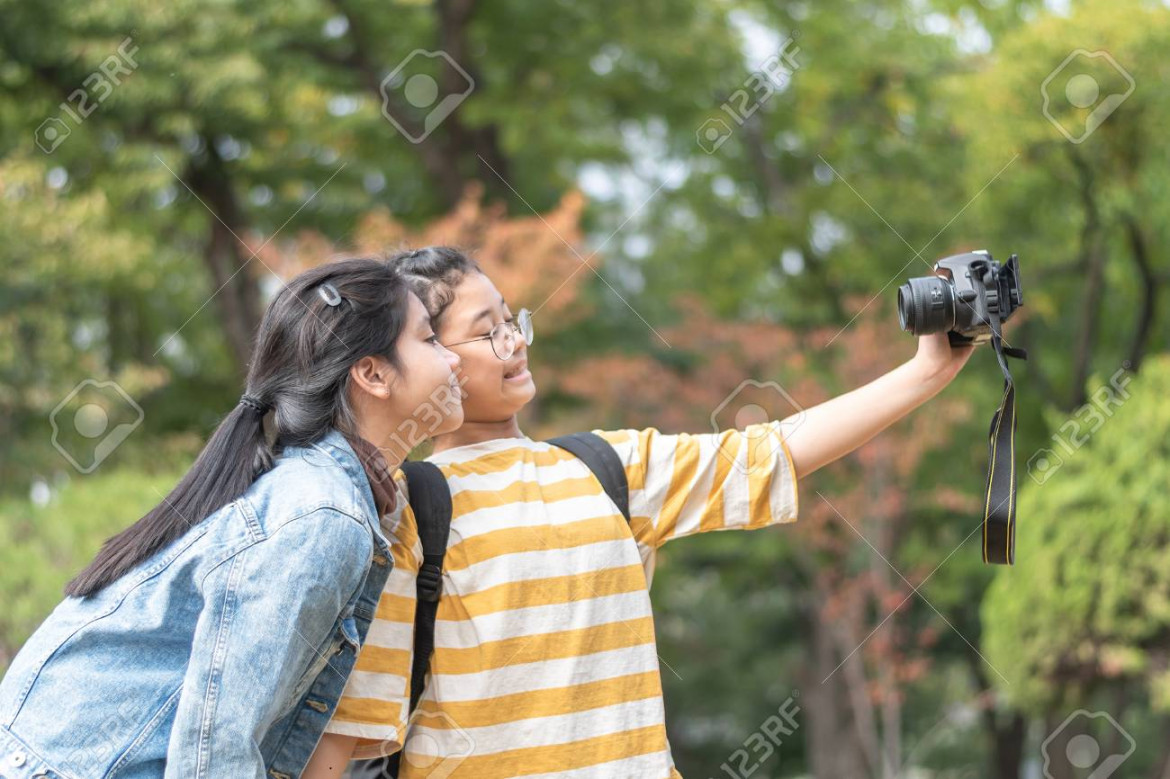 Girls Friends, Teenager School Students With Digital Camera Selfie