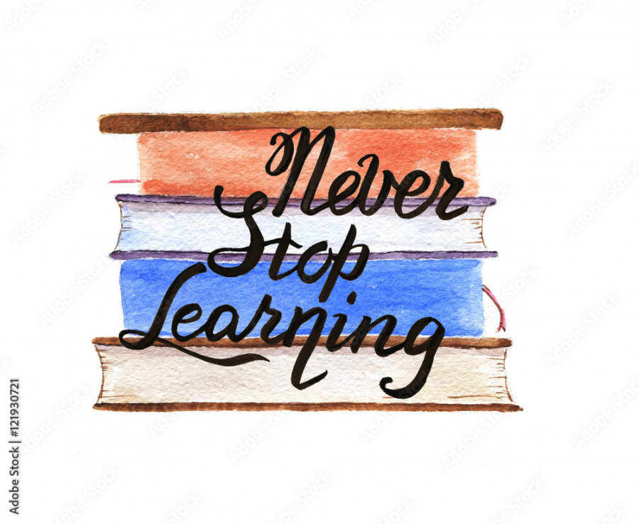 Hand-drawn "Never Stop Learning " text and watercolor books