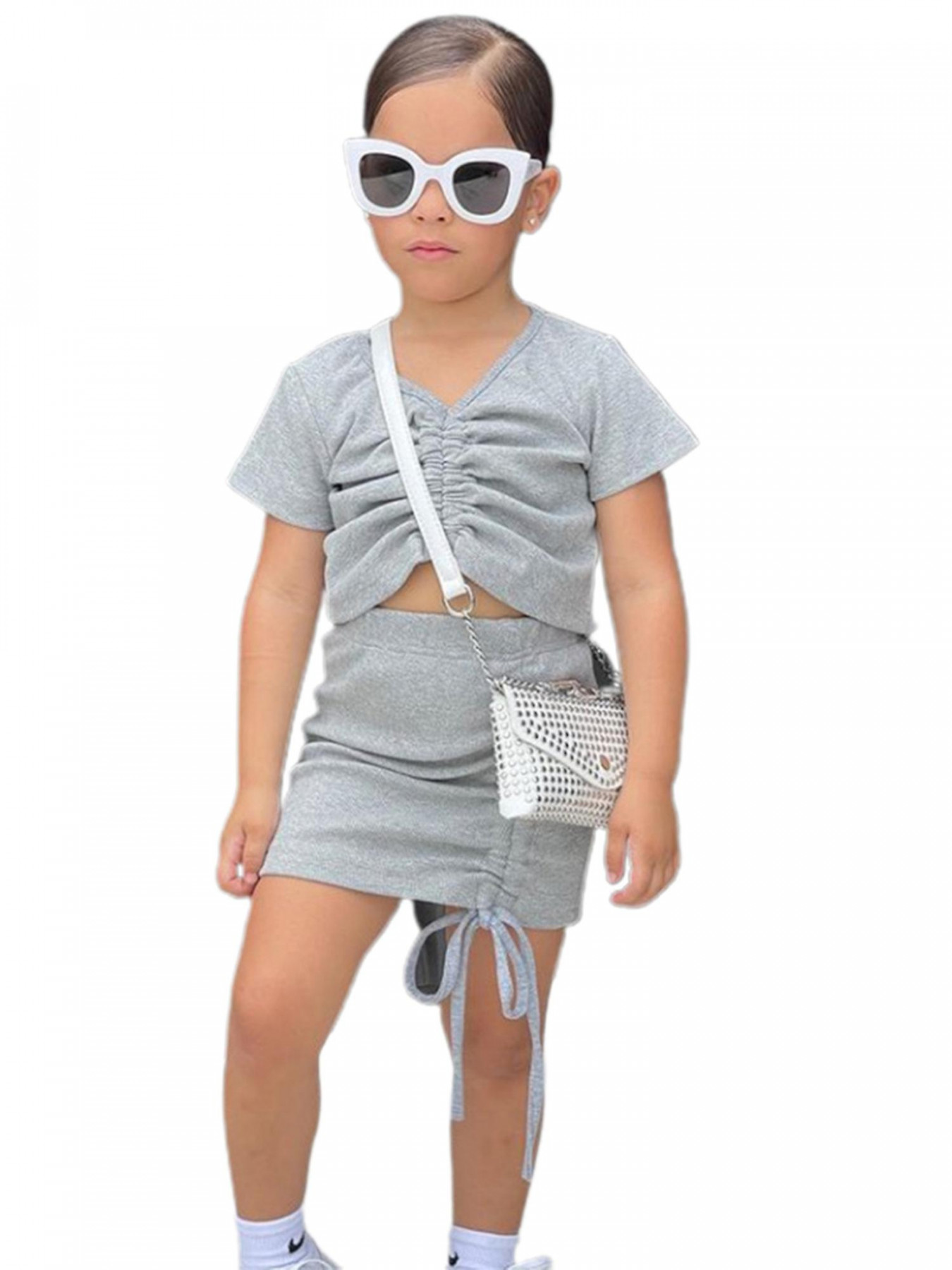 Infant Baby Girls Ruched Tops Drawstring Mini Skirts Casual Outfits Summer  Kids Clothes Set