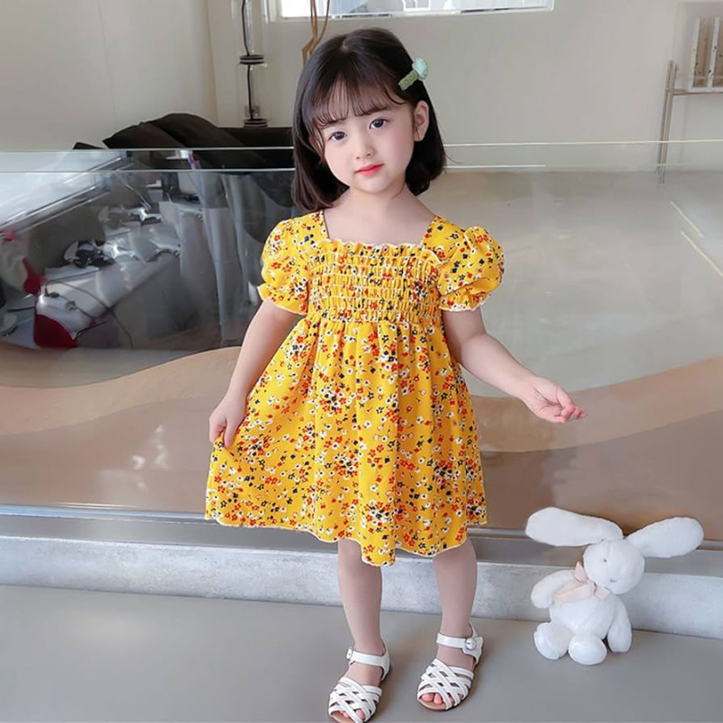 Jileiy Toddler Girls Short Sleeve Beach Dresses Kids Floral Printed  Princess Dress Clothes  Year Old Girls Dresses (Yellow,  Months)