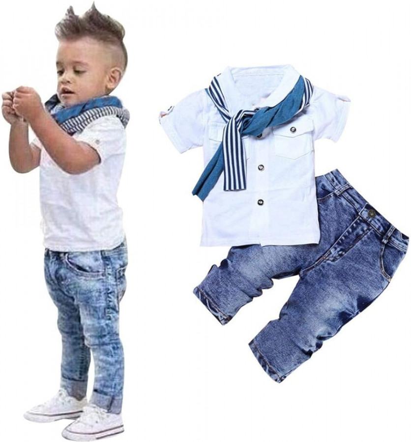 Kids Clothing Boys Casual Short Sleeved Shirt and Denim Jeans Sets Outfits  (- Years Old, White)