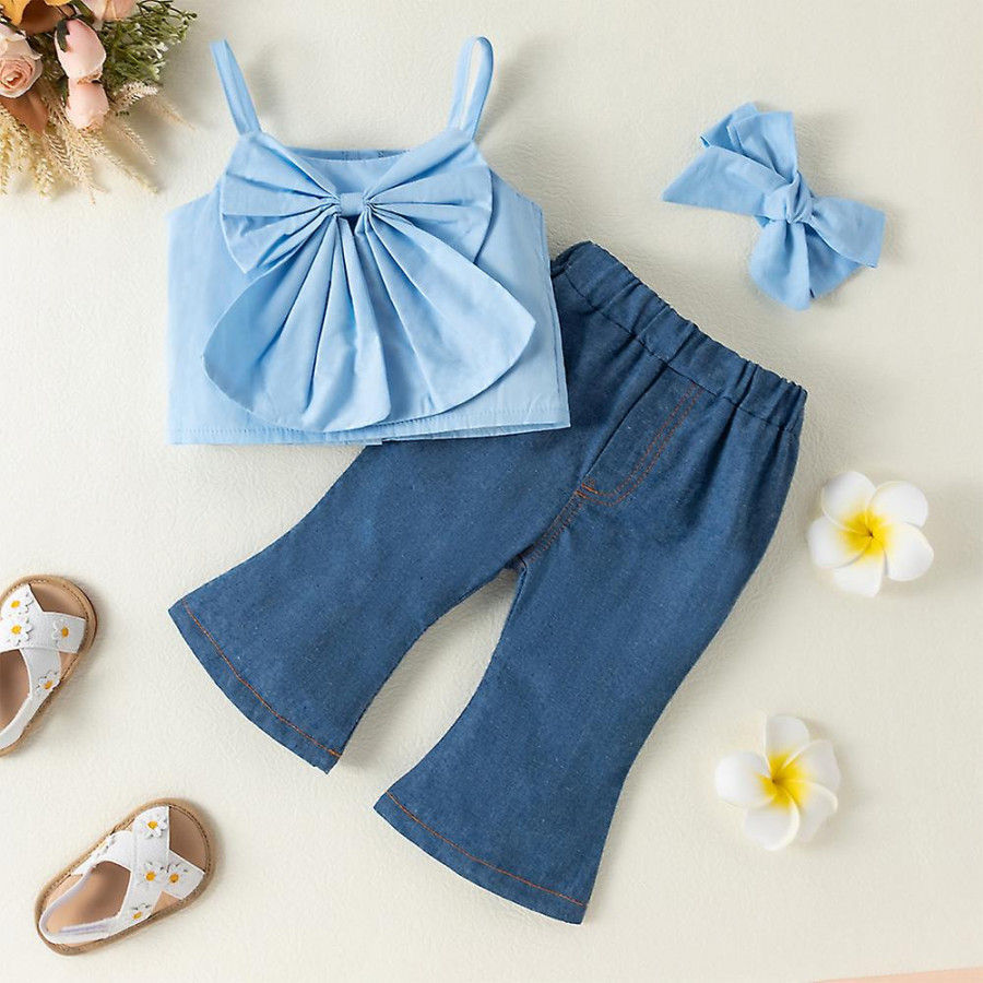 Newborn Baby Girl Outfit Sleeveless Bow Crop Top + Denim Flared Pants +  Headband Set Summer Clothes