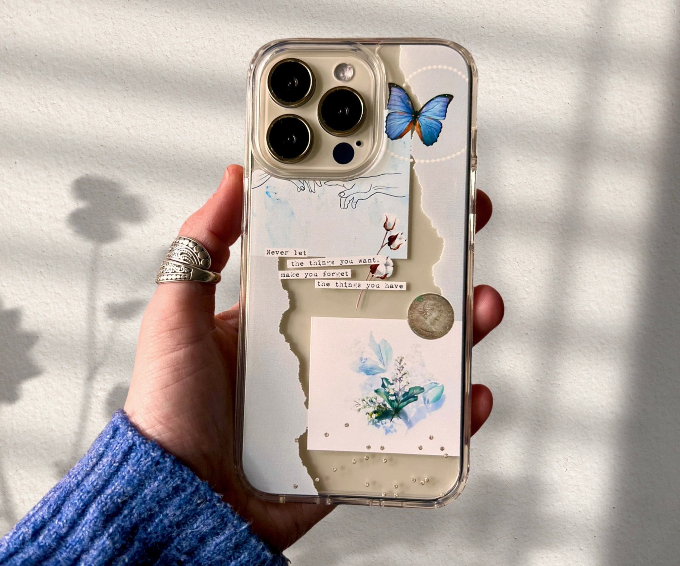 Pale Blue Butterfly Scraps Clear Phone Case Aesthetic Collage