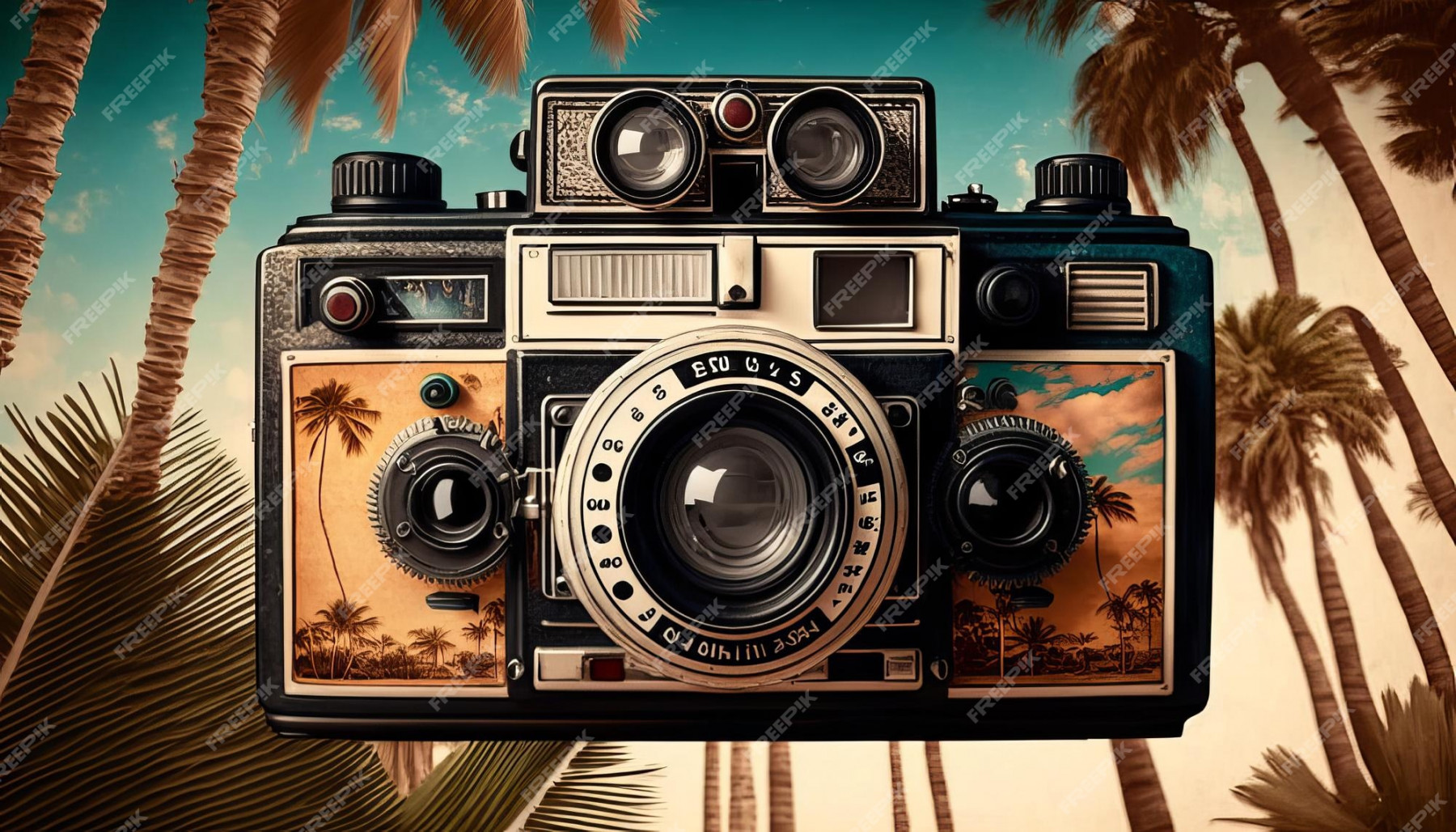 Premium Photo  Retro film camera s with palm background