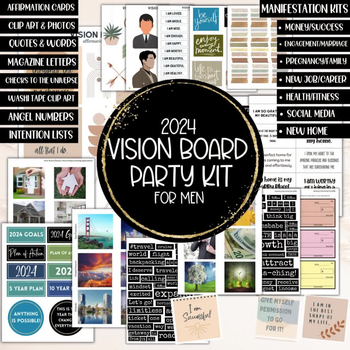 Vision Board Party Kit FOR MEN Goals Vision Mood Board Clipart Images  Planner, Affirmations Manifest Vision Board Printables Template