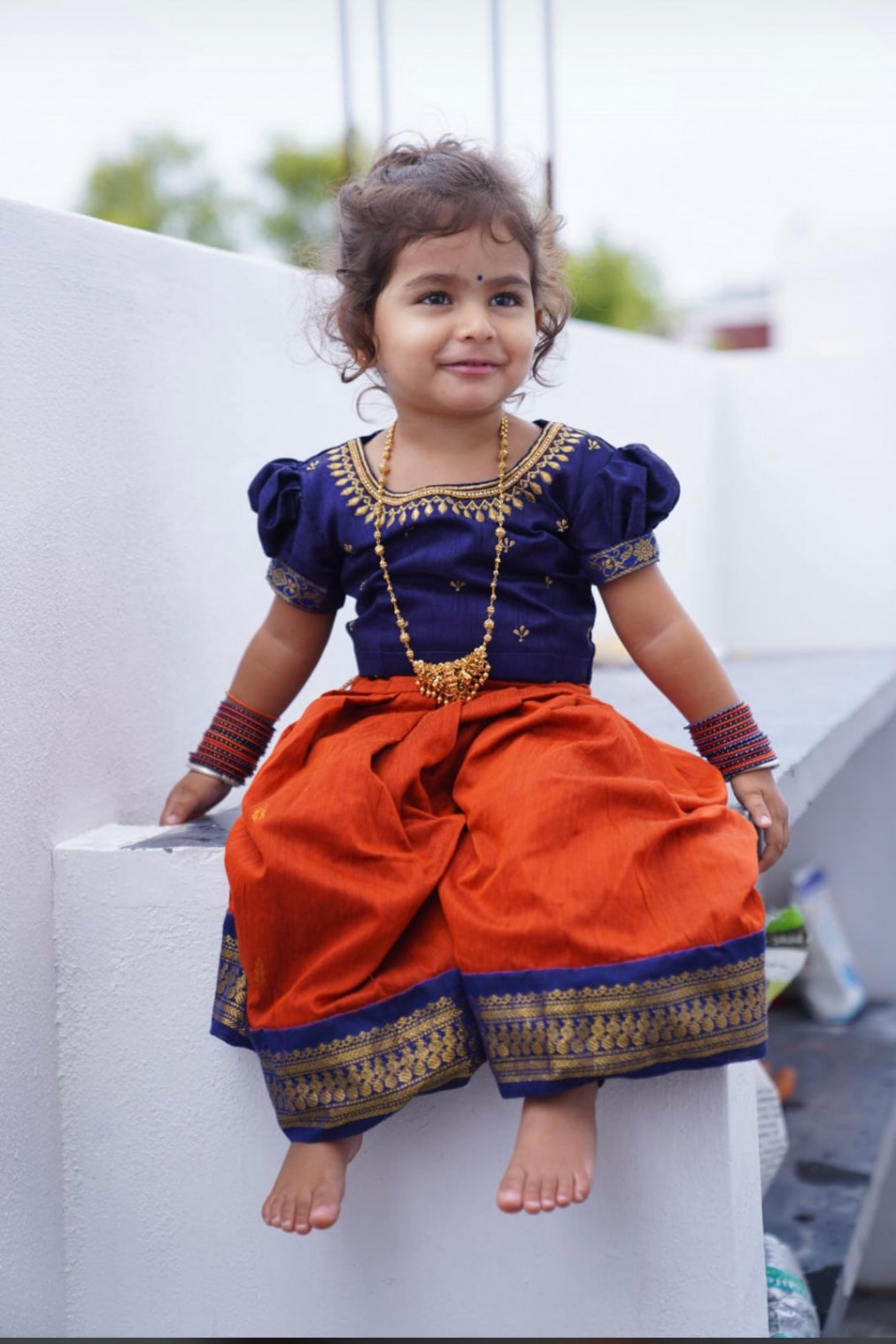 Blue and rusty orange silk south indian ethnic wear langa blouse for baby  girl