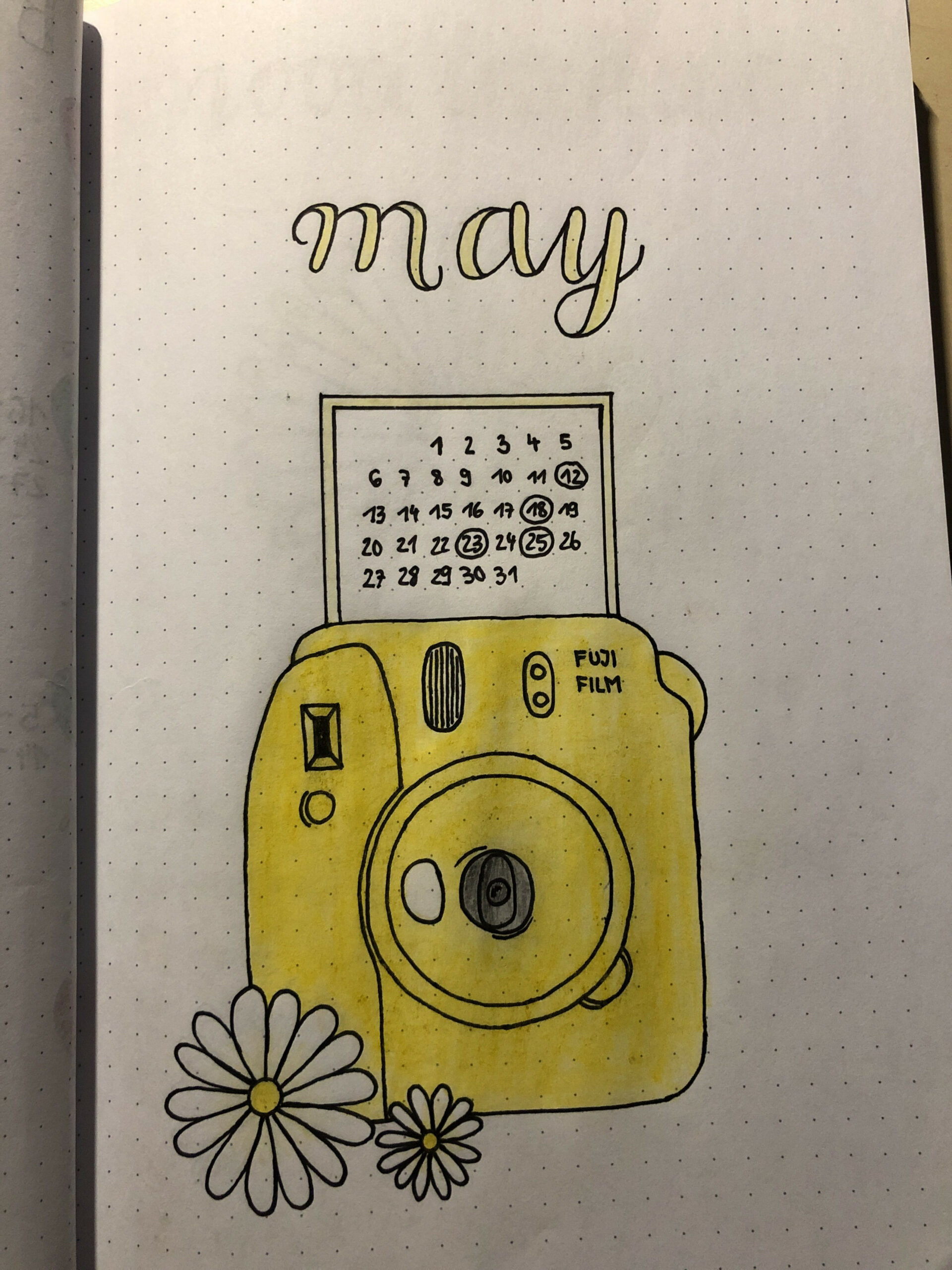 Creative May Bullet Journal Entry with Polaroid Camera and Flowers