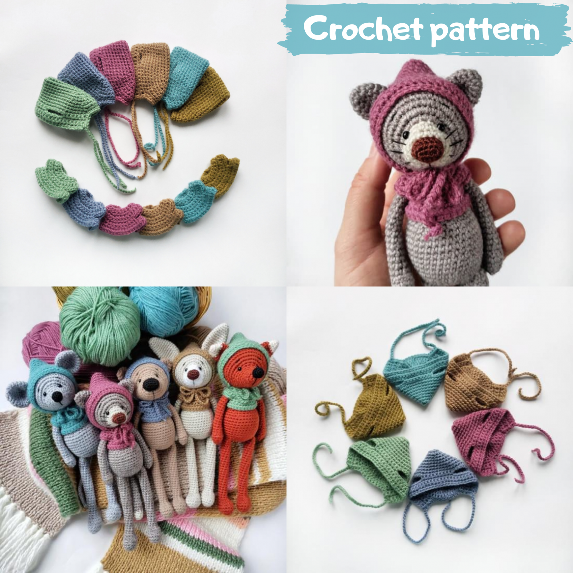 Crochet pattern: Cute hat with laces, mini top for Baby Animals Series