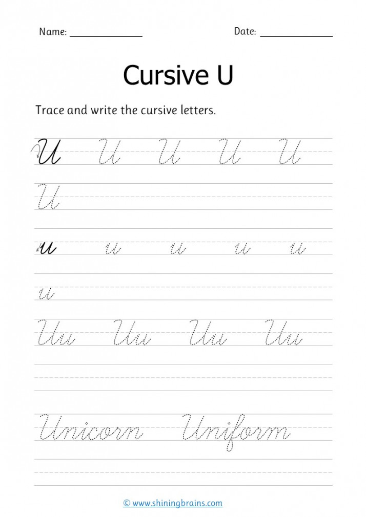 Cursive u - Free cursive writing worksheet for small and capital u