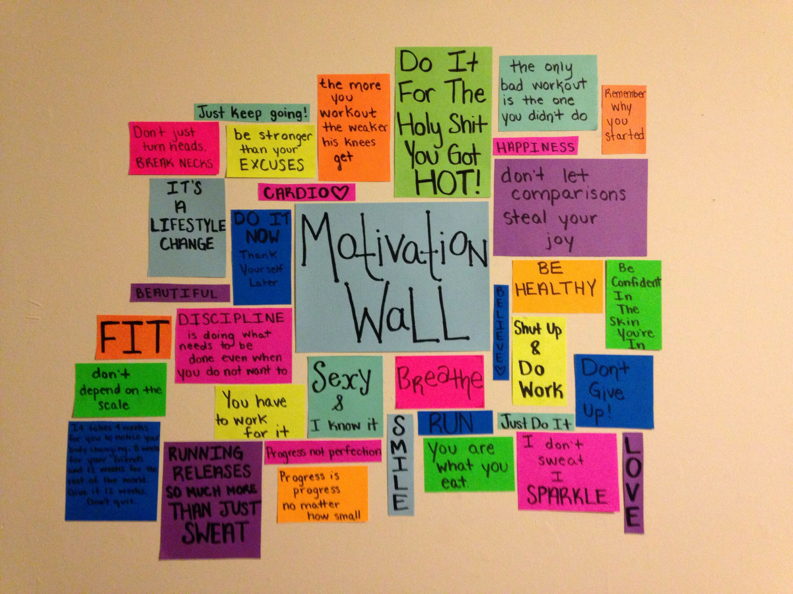 Finally made my own motivation wall!  Sticky notes quotes, Study