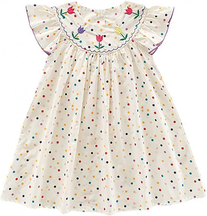 Girls Colorful Wave Dot Print Floral Embroidery Summer Small