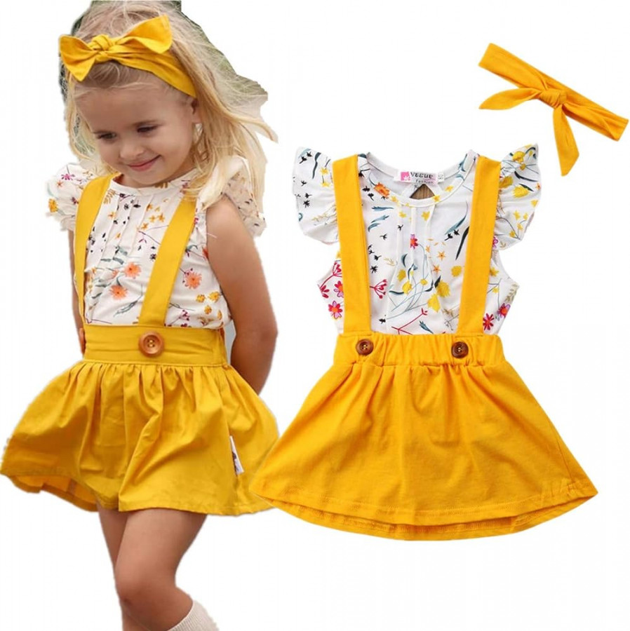 Juflam Toddler Baby Girl Clothing Floral Ruffle Shirt + Suspender Skirt +  Headband Outfits Set