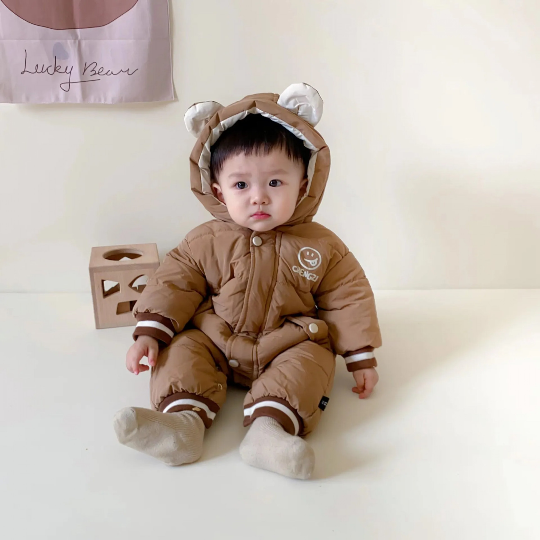 Korean  Winter Newborn Boy Rompers Cotton Padded Solid Baby Boys  Snowsuits Bear Ears Hooded Striped Cuff Toddler Boy Outfits