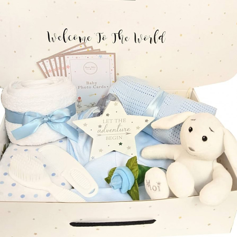 Let The Adventure Begin Newborn Baby Gift Basket  Pieces Newborn Clothes  Socks Toys Plaque Baby Shower Gifts for Mum to Be (Boy)