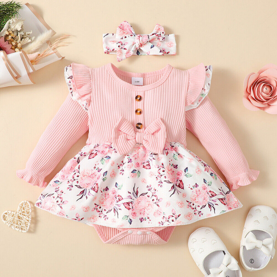 Neugeborenes Baby Mädchen Herbst Outfit Langarm Strampler Stirnband  Babykleidung