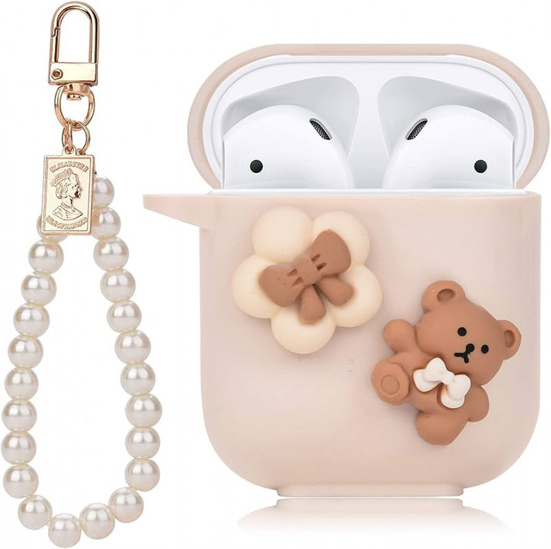 Niedliche AirPod Hülle Cartoon Lovely Bear Design mit Perlenkette Weiche  Schutzhülle Kompatibel mit AirPods  &  Generation für Frauen und Mädchen