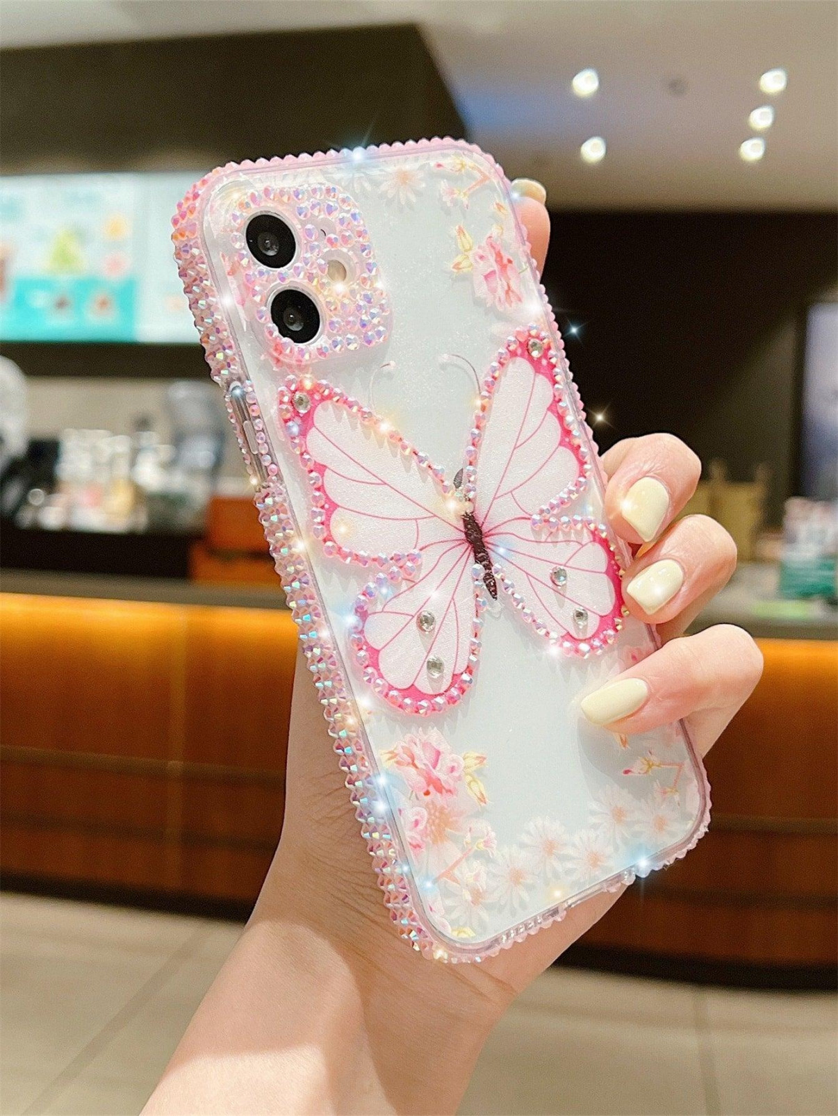 Pink Rhinestone Decor Butterfly Print Clear Phone Case