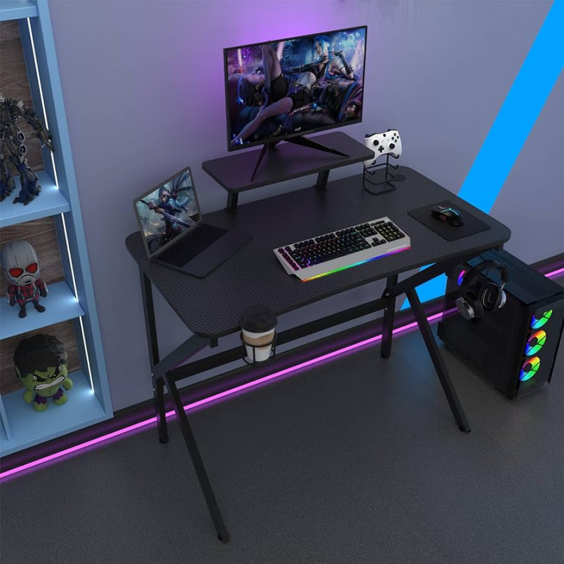 PIPIPOXER Gaming Table  x  cm, Gaming Desk with Monitor Shelf, PC  Table Gaming with Carbon Fibre Surface, Gaming Desk Computer Desks for Home