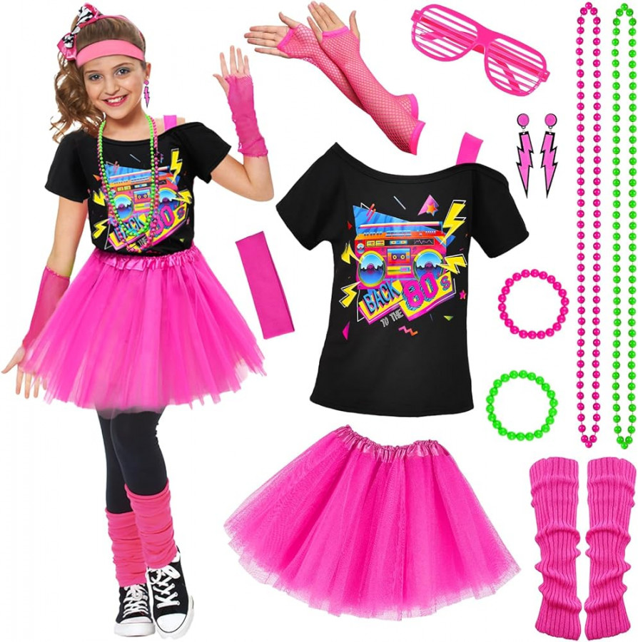 s Outfit for Kids Girls s Accessories T-Shirt, Tutu, Headband, Neon  Earrings, Necklace, Bracelet, Leg Warmers, Mesh Gloves, Glasses for Girls