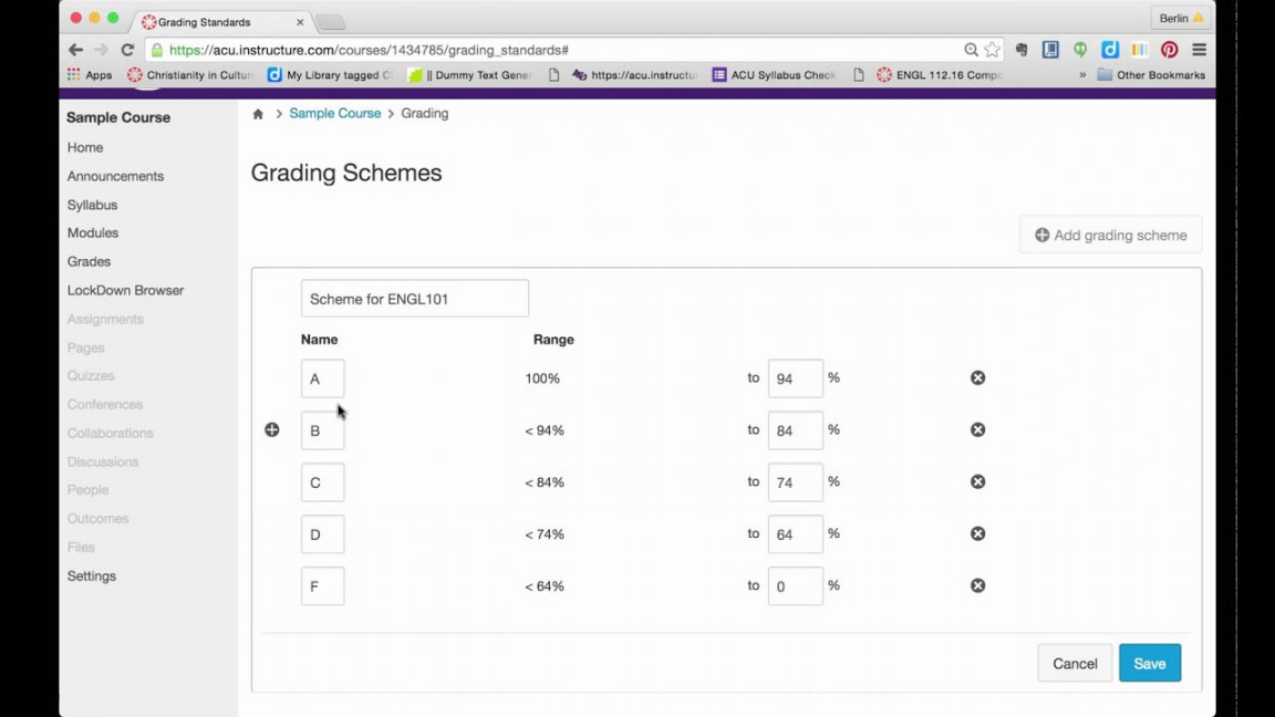 Setting your own grading scheme in Canvas