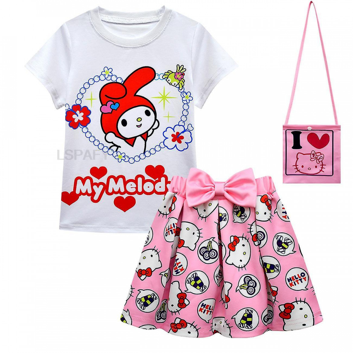 Summer Hello Kitty Clothes Set For Girl White Short Sleeve Shirt+skirt+bag  Pcs Cute Cat Cartoon Style Suit Baby Clothing