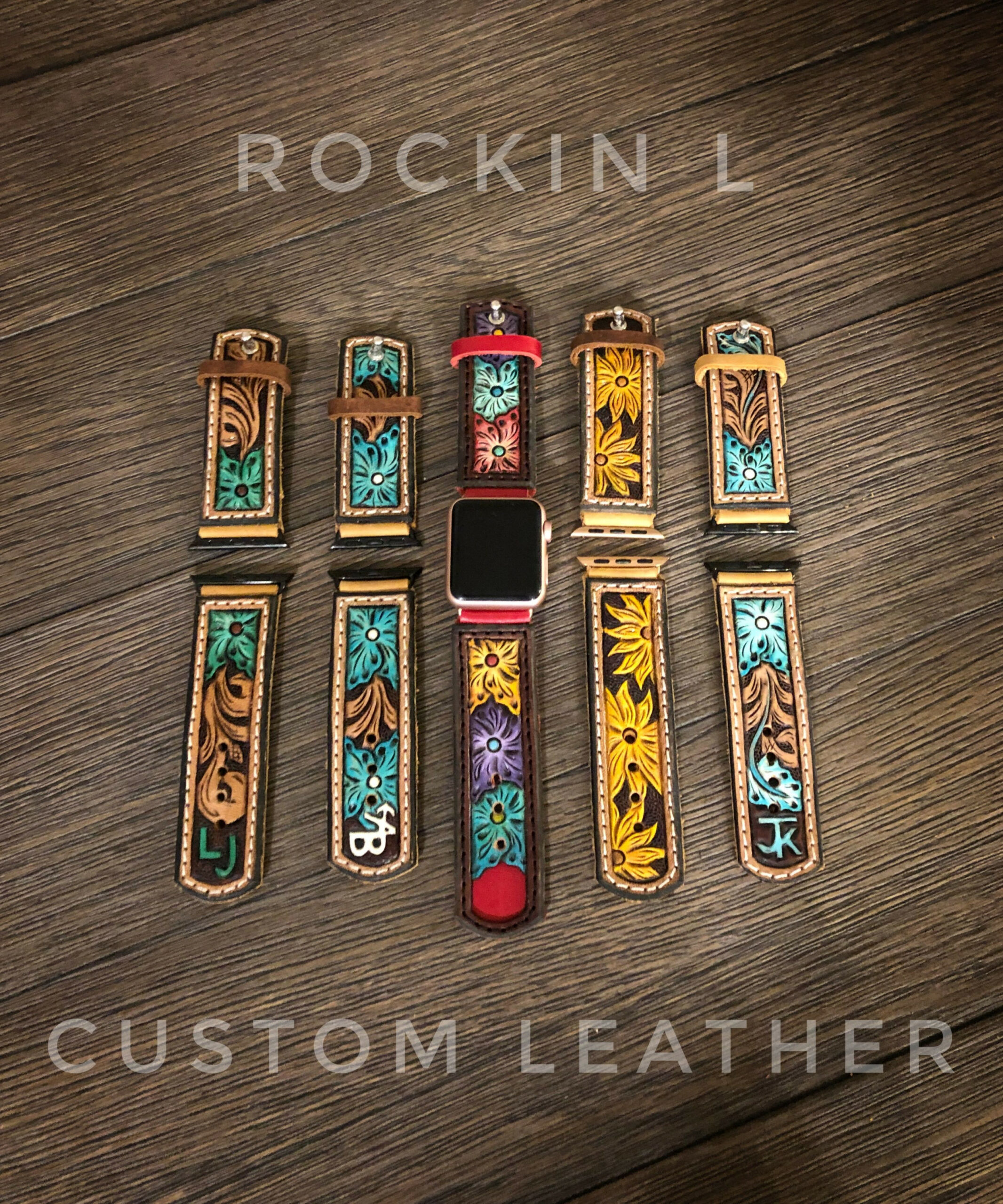 Tooled leather Apple Watch bands made custom by Rockin L Custom