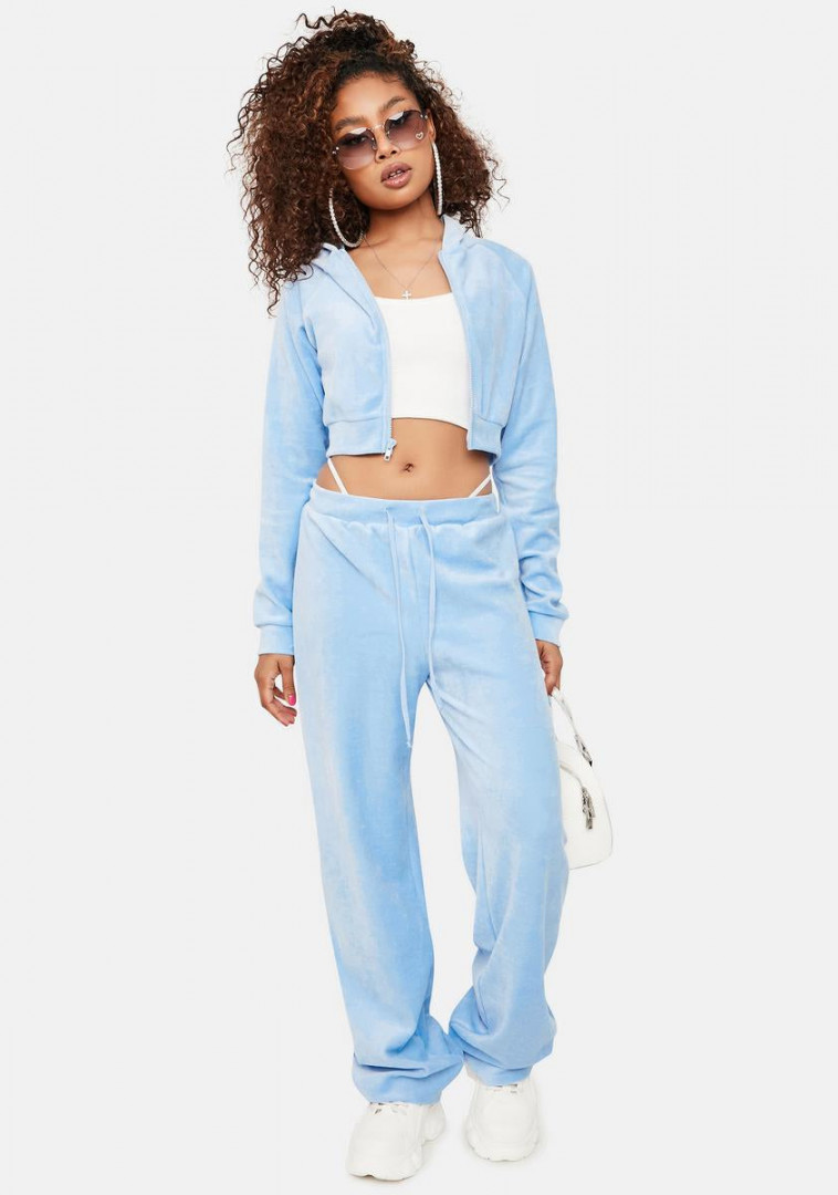 Velour Crop Hoodie And Tracksuit Pants Set - Baby Blue