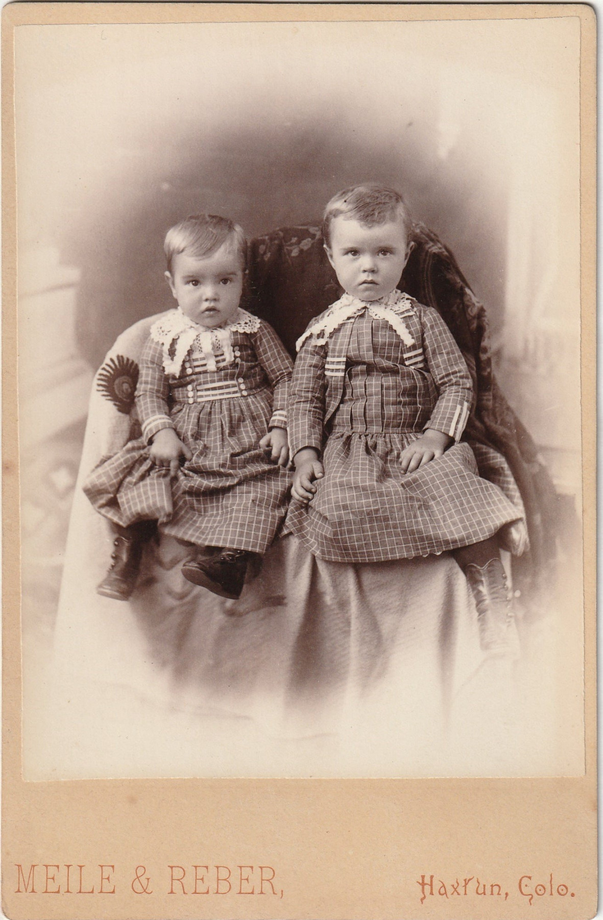 Victorian Boys in Matching Dresses - Haxrun, CO - Cabinet Photo, c