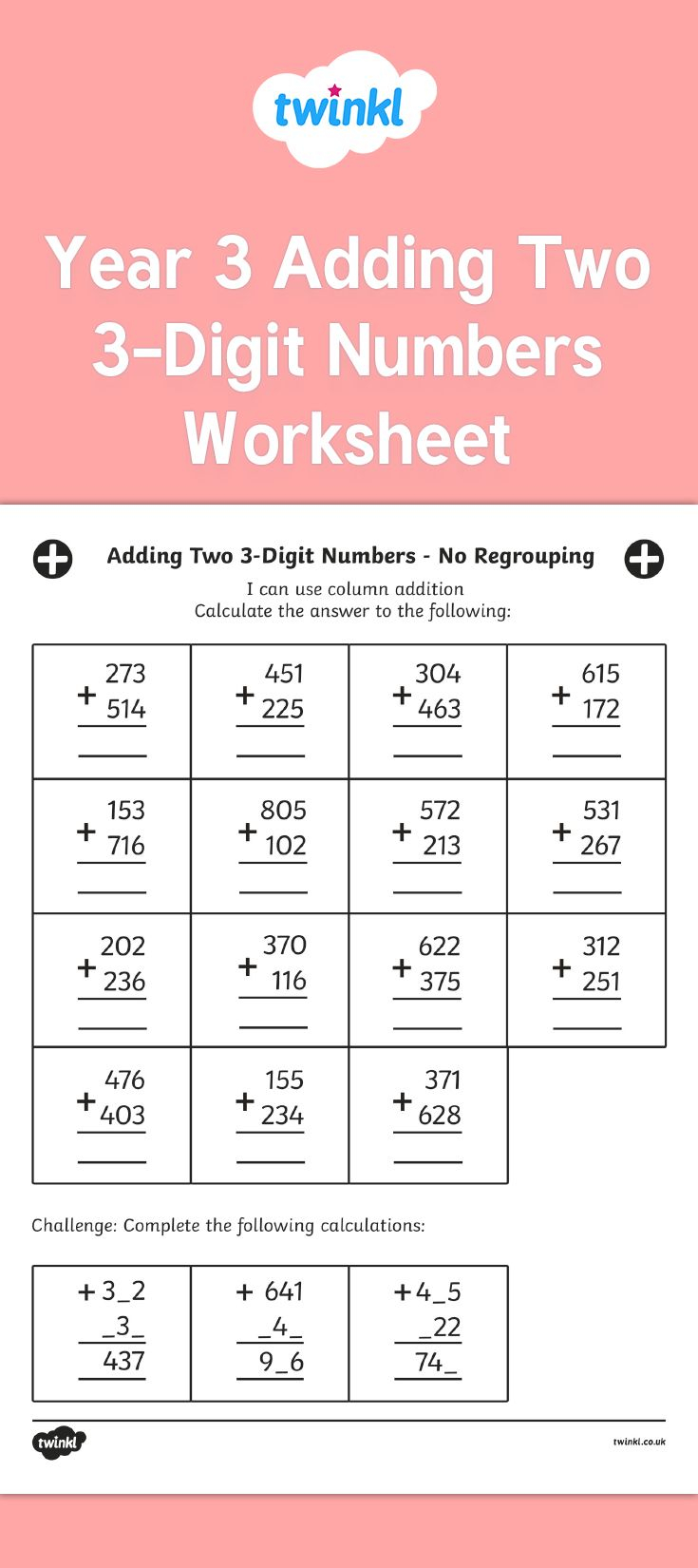 35 Year 3 Addition Worksheets