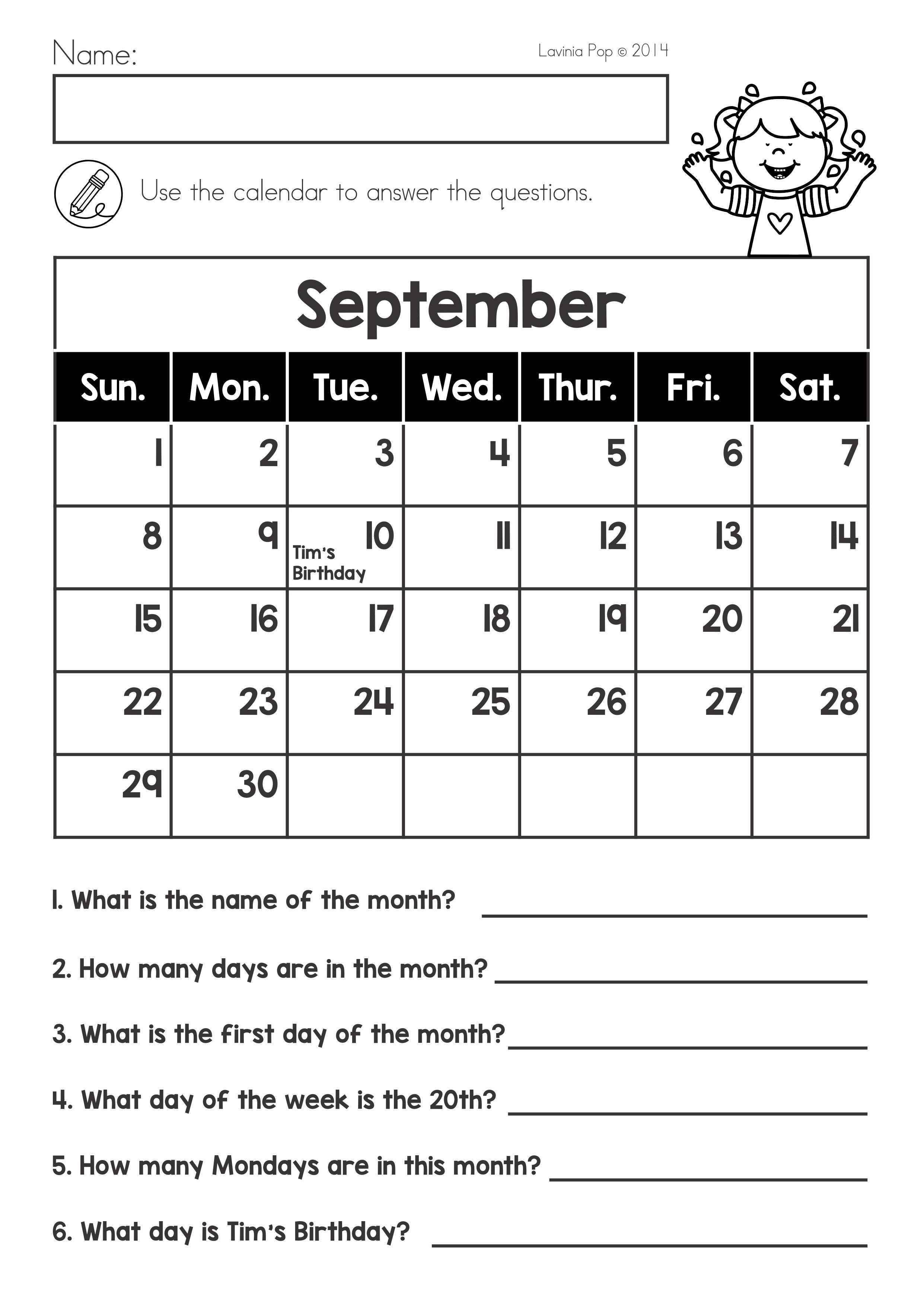 21 Free Calendar Worksheets Kindergarten