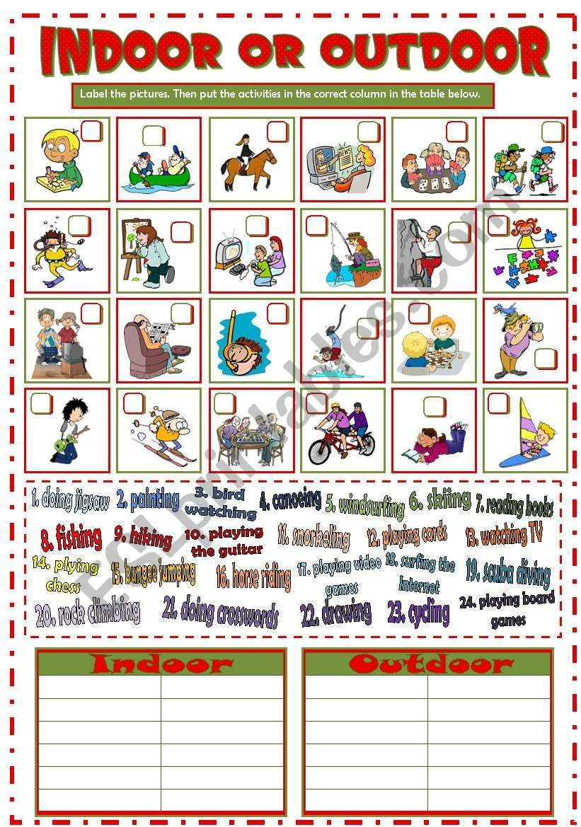 21 Indoor And Outdoor Games Worksheets For Kindergarten