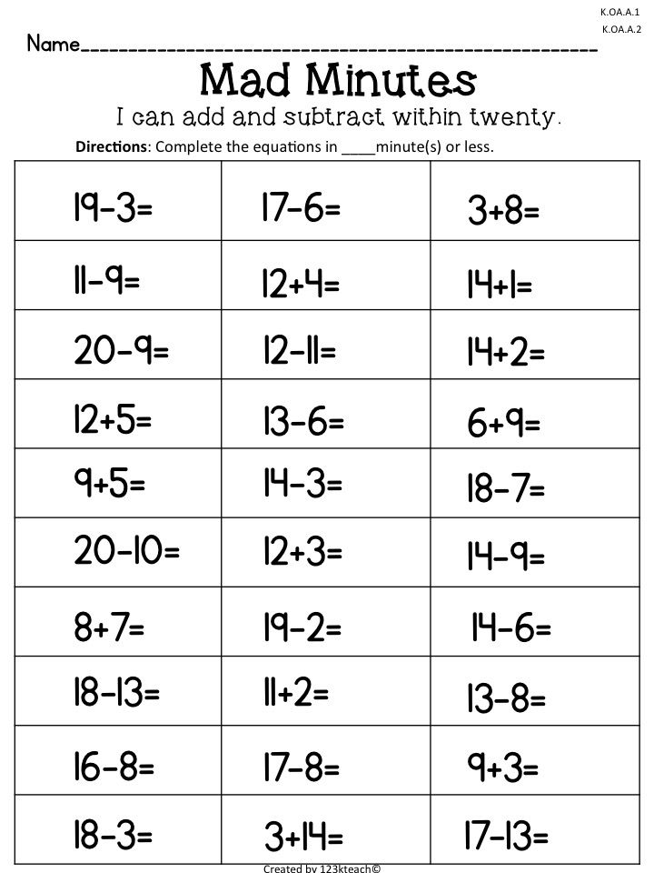 20 Addition And Subtraction Worksheets 0-10