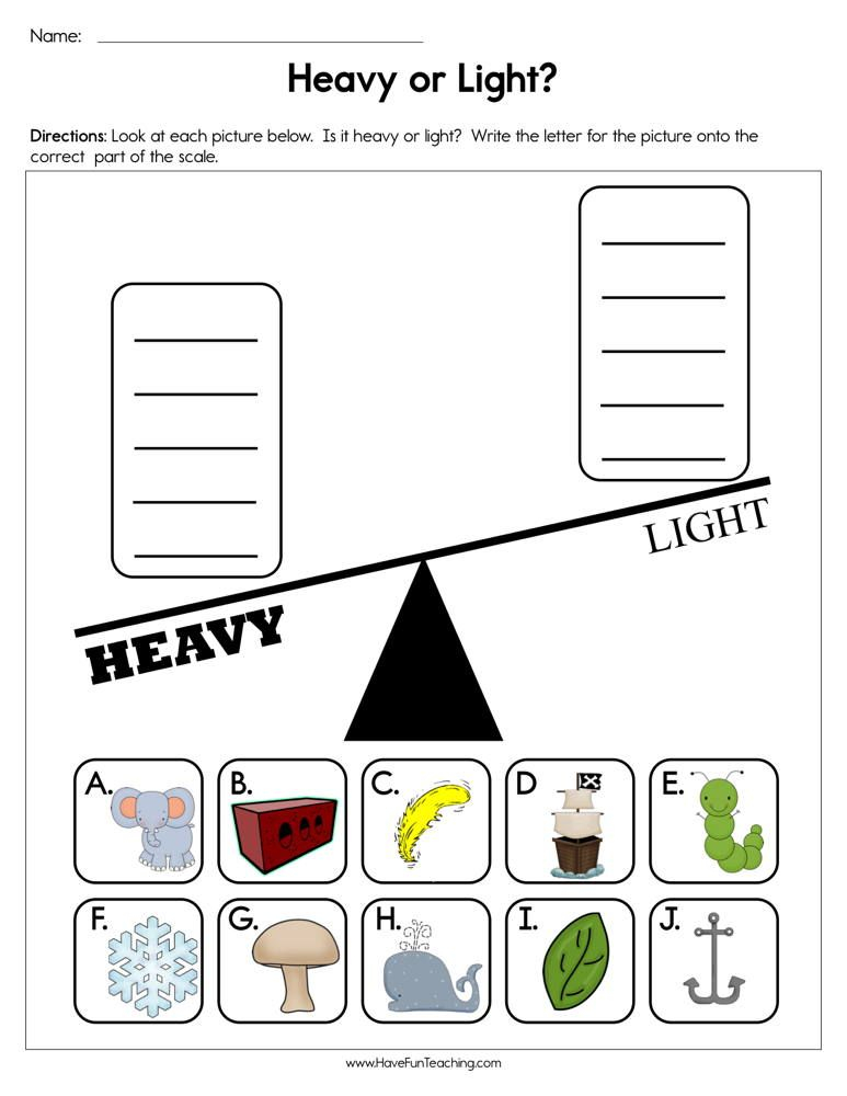 30 Heavy And Light Worksheets Kindergarten Printable