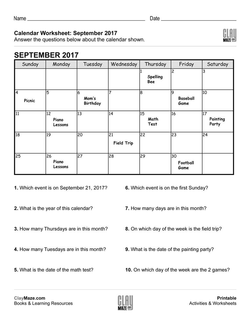 35 Free Calendar Worksheets Kindergarten